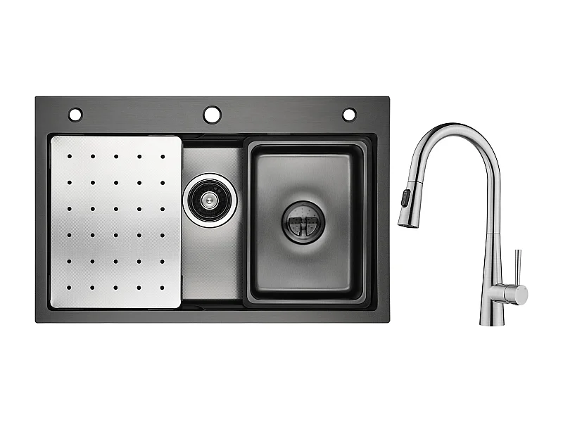 Lavello Cecipa max 1 vasca 70×45cm con gocciolatoio, vasca e dosatore sapone + miscelatore con doccetta estraibile, 3 modalità di uscita acqua, spazzolato