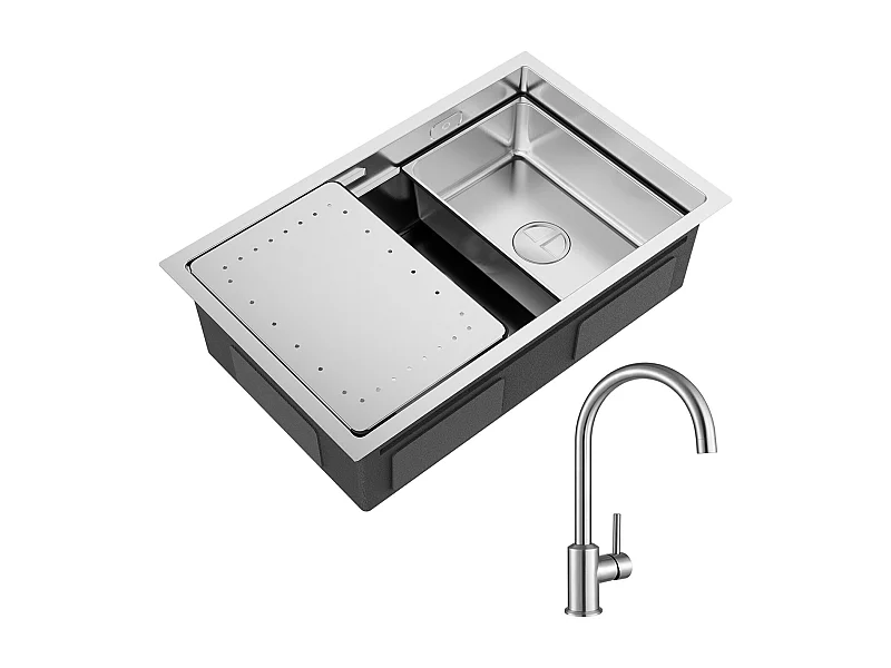 Évier Cuisine 1 Bac 70×44×21CM Évier Inox Brossé avec Egouttoir et Vasque + Mitigeur de Cuisine en Inox Brossé