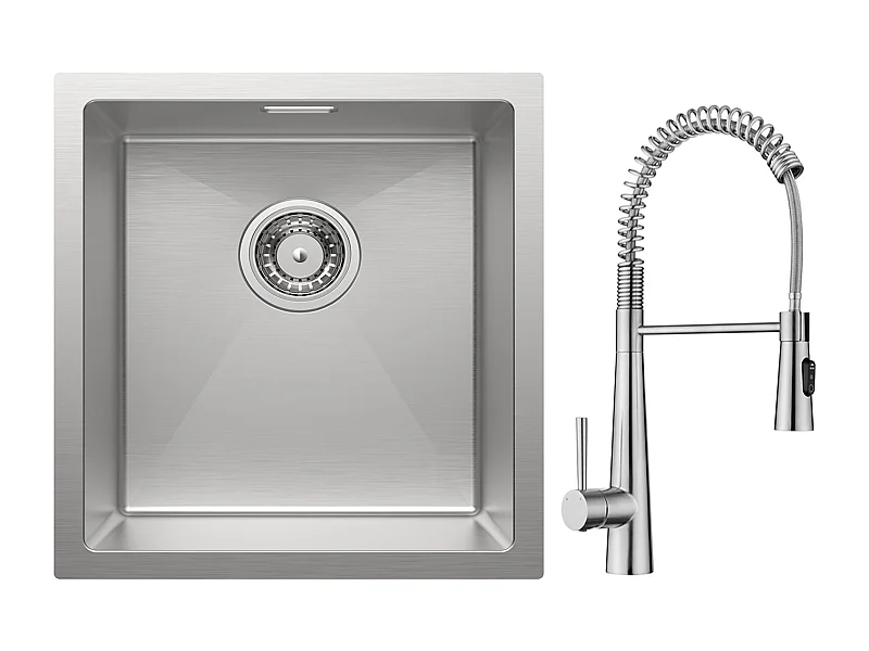 Cecipa max Évier Inox Encastré 40*44cm Évier de Cuisine 1 Bac Brossé + Mitigeur de Cuisine à Ressort avec 3 Modes de Sortie D'eau, Brossé