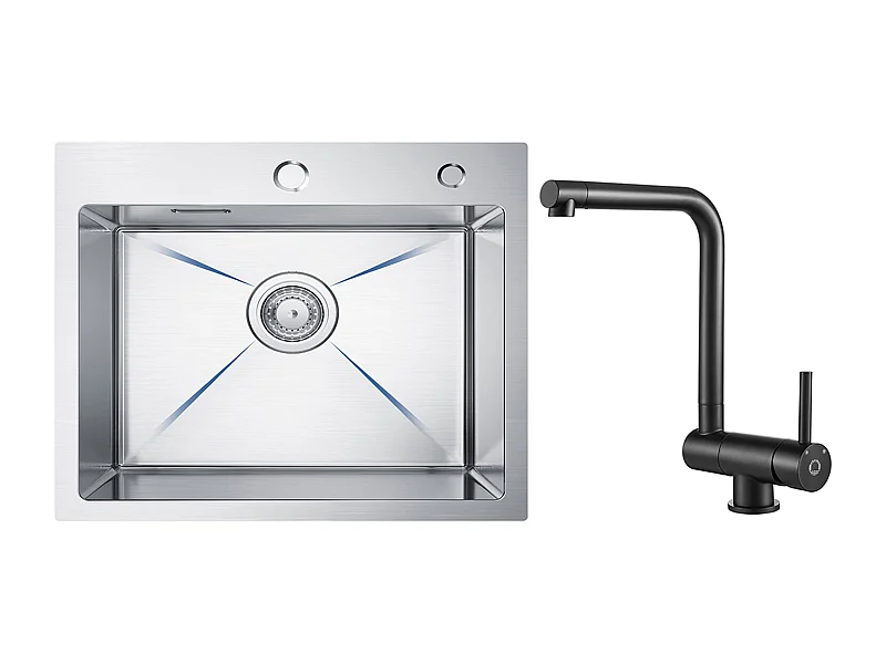 CECIPA MAX Évier Cuisine 1 Bac 50×45×18.5CM Évier Inox Brossé + Mitigeur de Cuisine Rabattable Noir