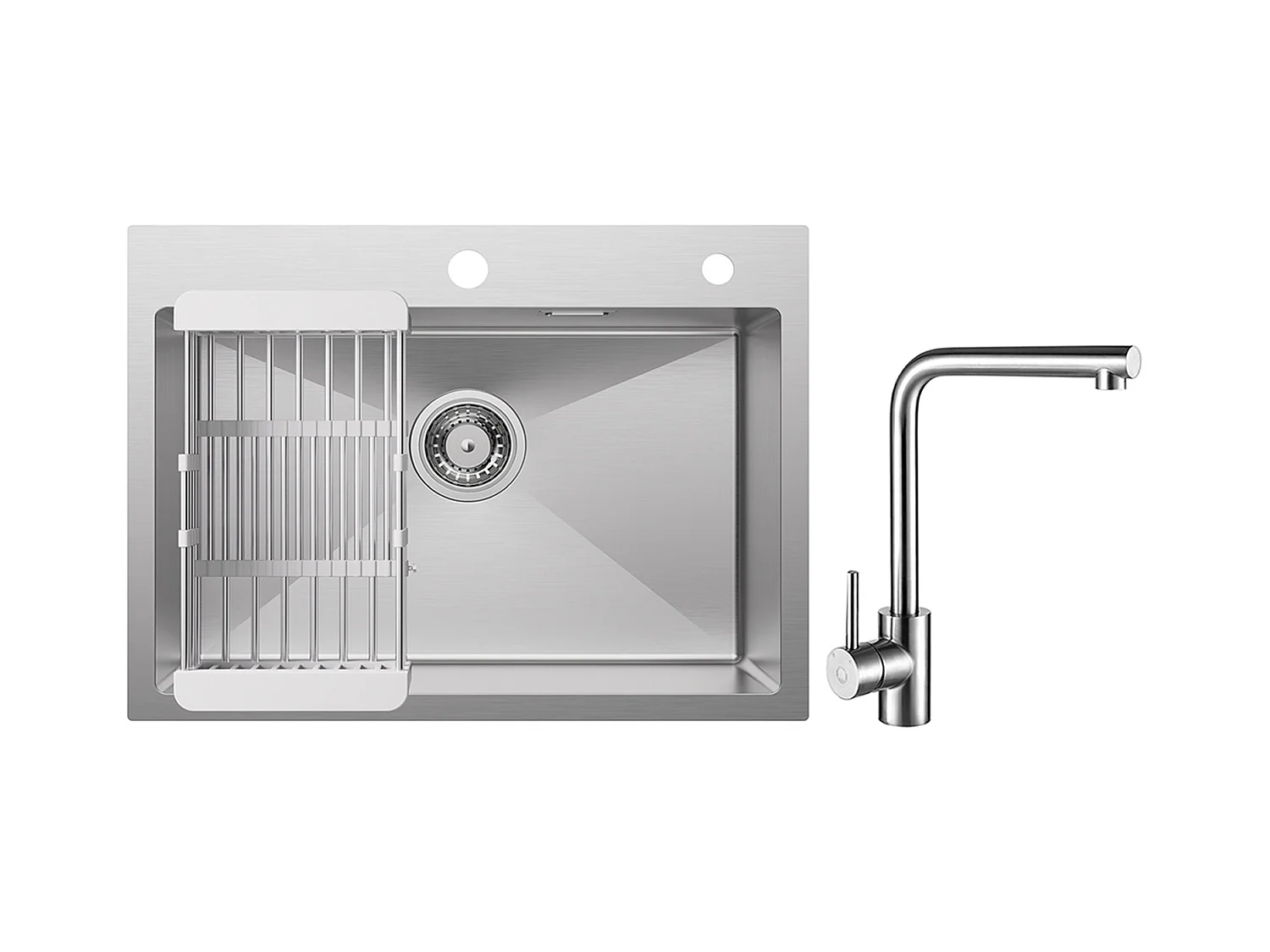 Évier Cuisine 1 Bac 60×45×18CM Évier Inox Brossé avec Panier de Drainage + Mitigeur de Evier Rrotatif à 360 ° Brossé