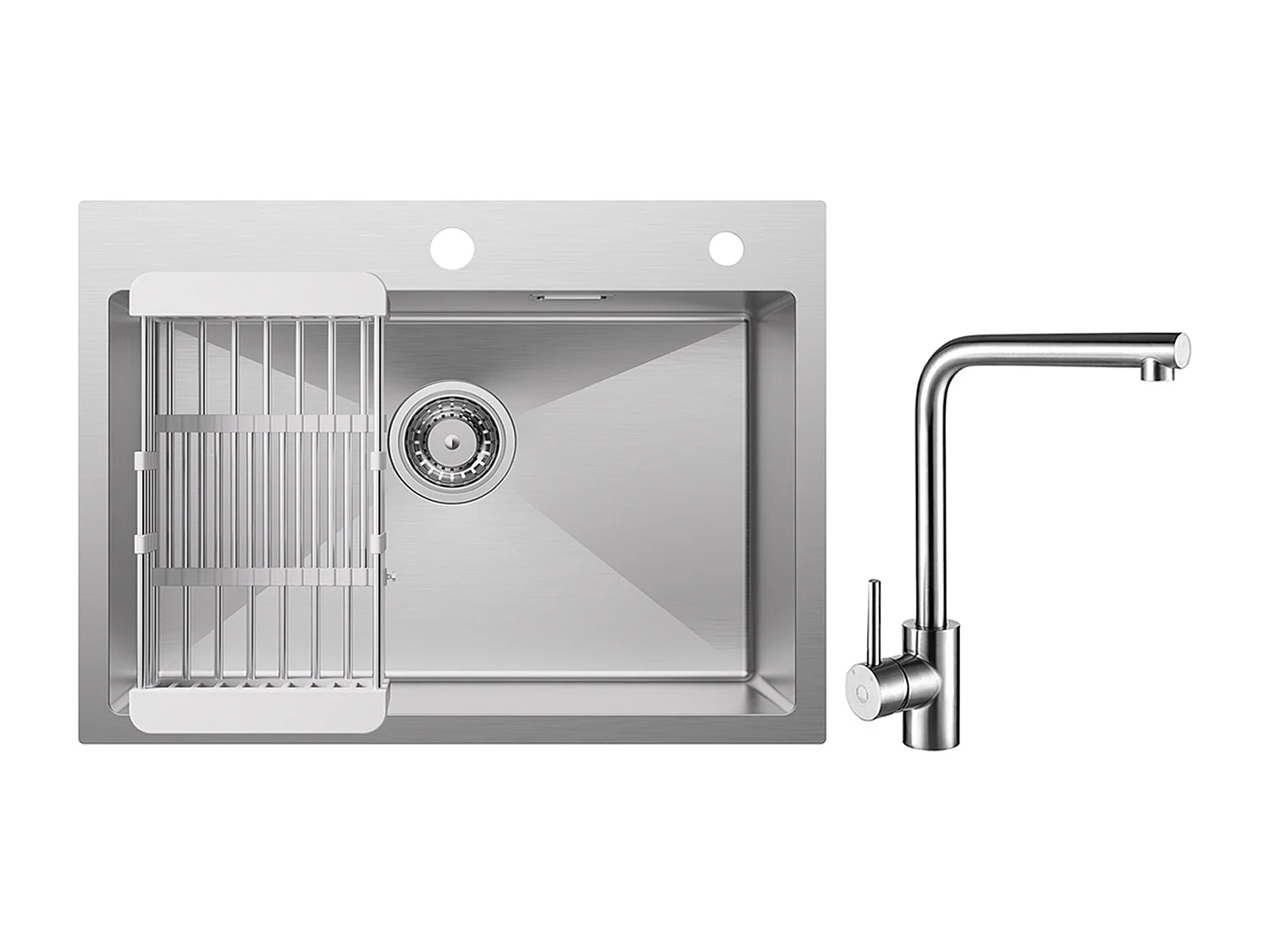 Évier Cuisine 1 Bac 60×45×18CM Évier Inox Brossé avec Panier de Drainage + Mitigeur de Evier Rrotatif à 360 ° Brossé