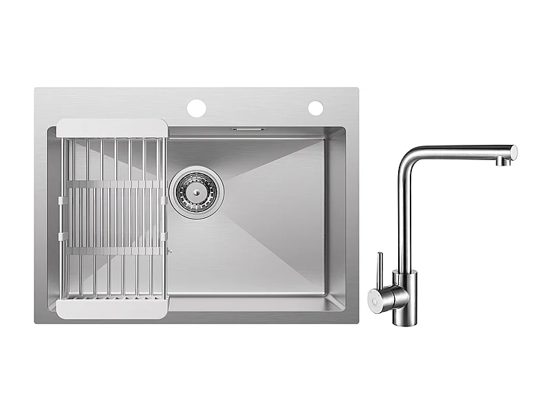 Évier Cuisine 1 Bac 60×45×18CM Évier Inox Brossé avec Panier de Drainage + Mitigeur de Evier Rrotatif à 360 ° Brossé