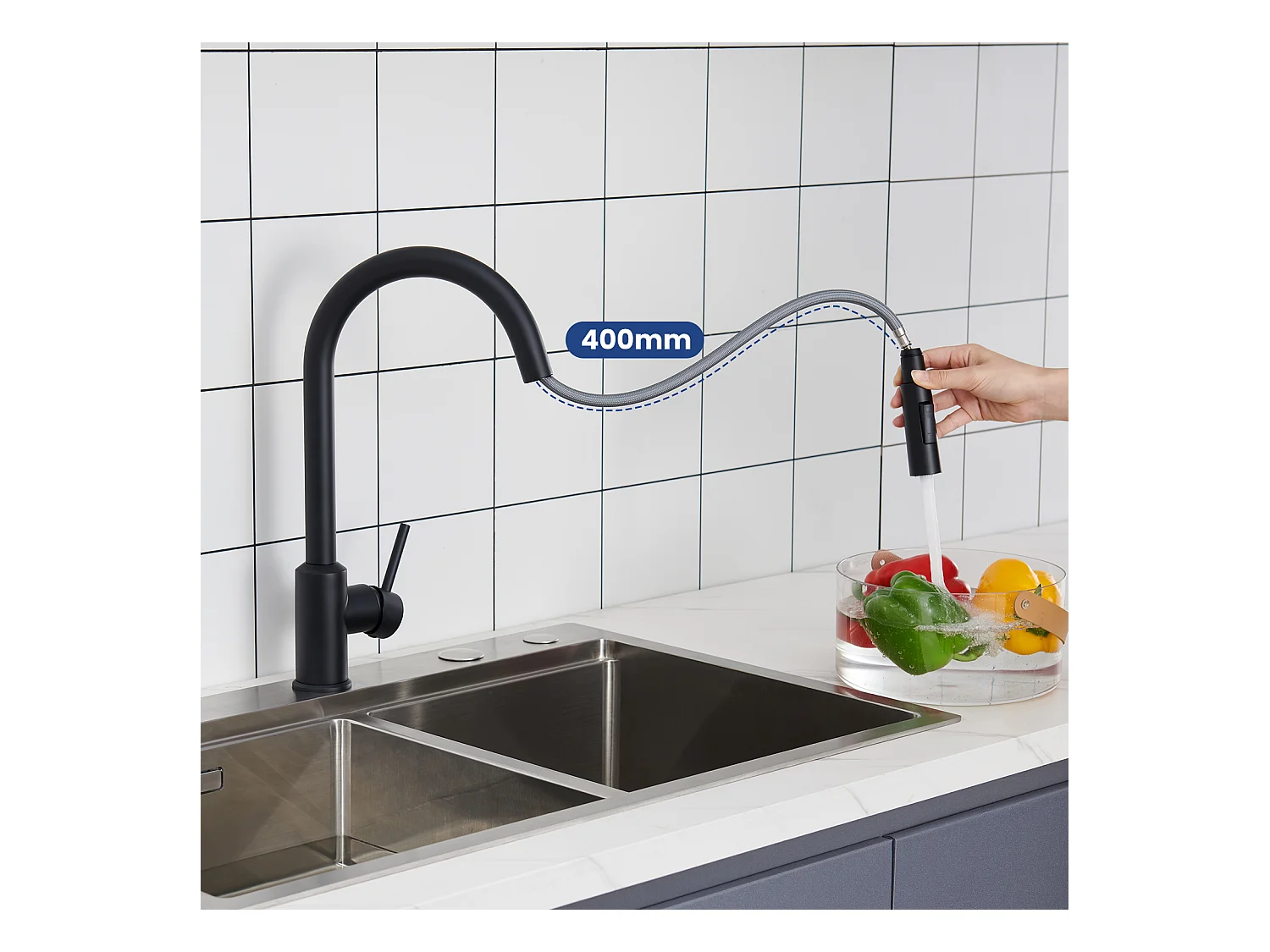 Cecipa max Lavello Cucina 1 Vasca Nero 40*45*19CM - Lavello in Acciaio Inox 1 Vasca + Miscelatore Cucina con Doccetta Estraibile - Nero - Girevole a 360°