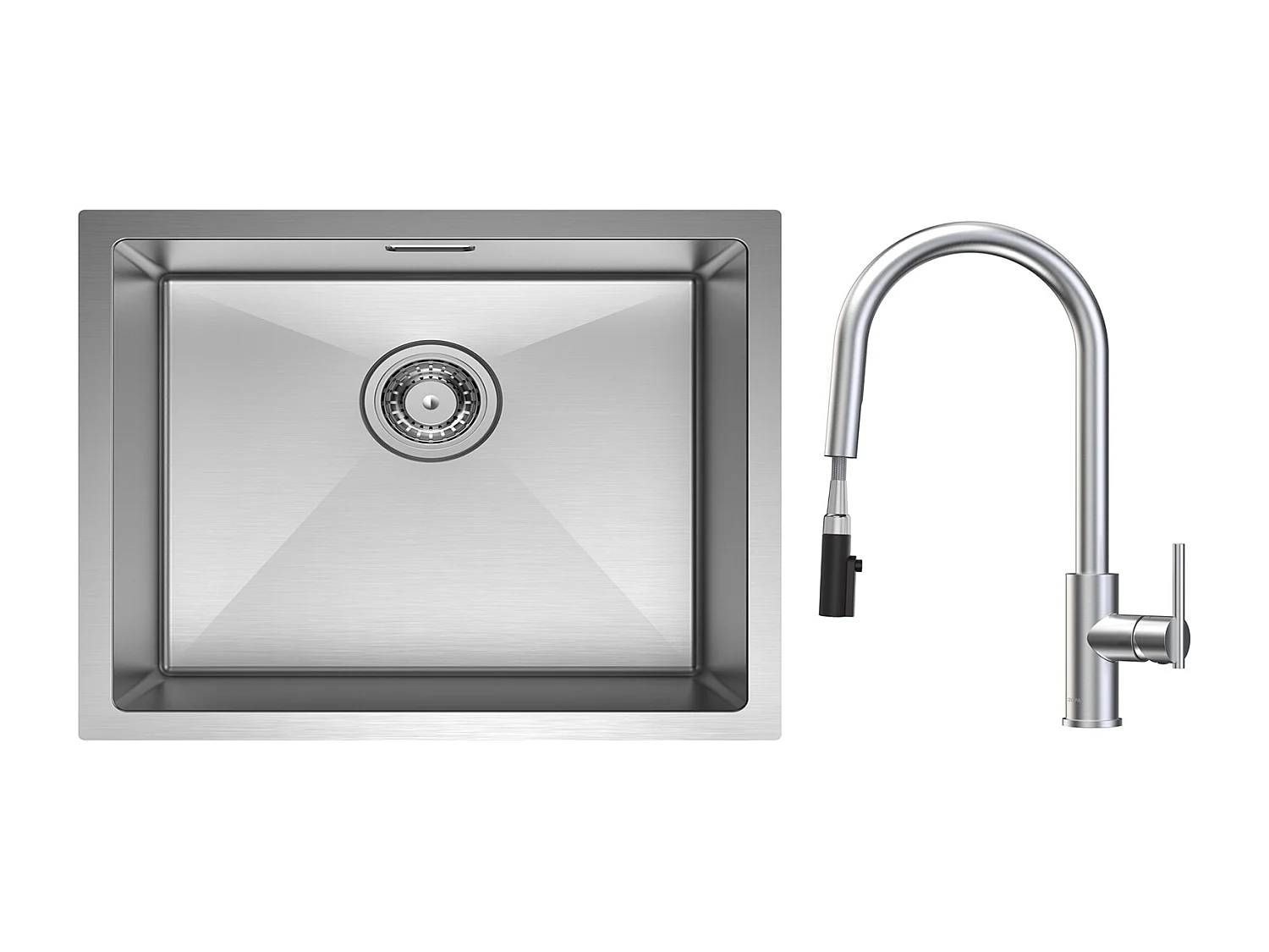 CECIPA MAX 1 wastafel 50*44cm geborsteld roestvrij staal keukenspoelbak + keukenmengkraan met uittrekbare spray, 2 waterafvoermodi, geborsteld