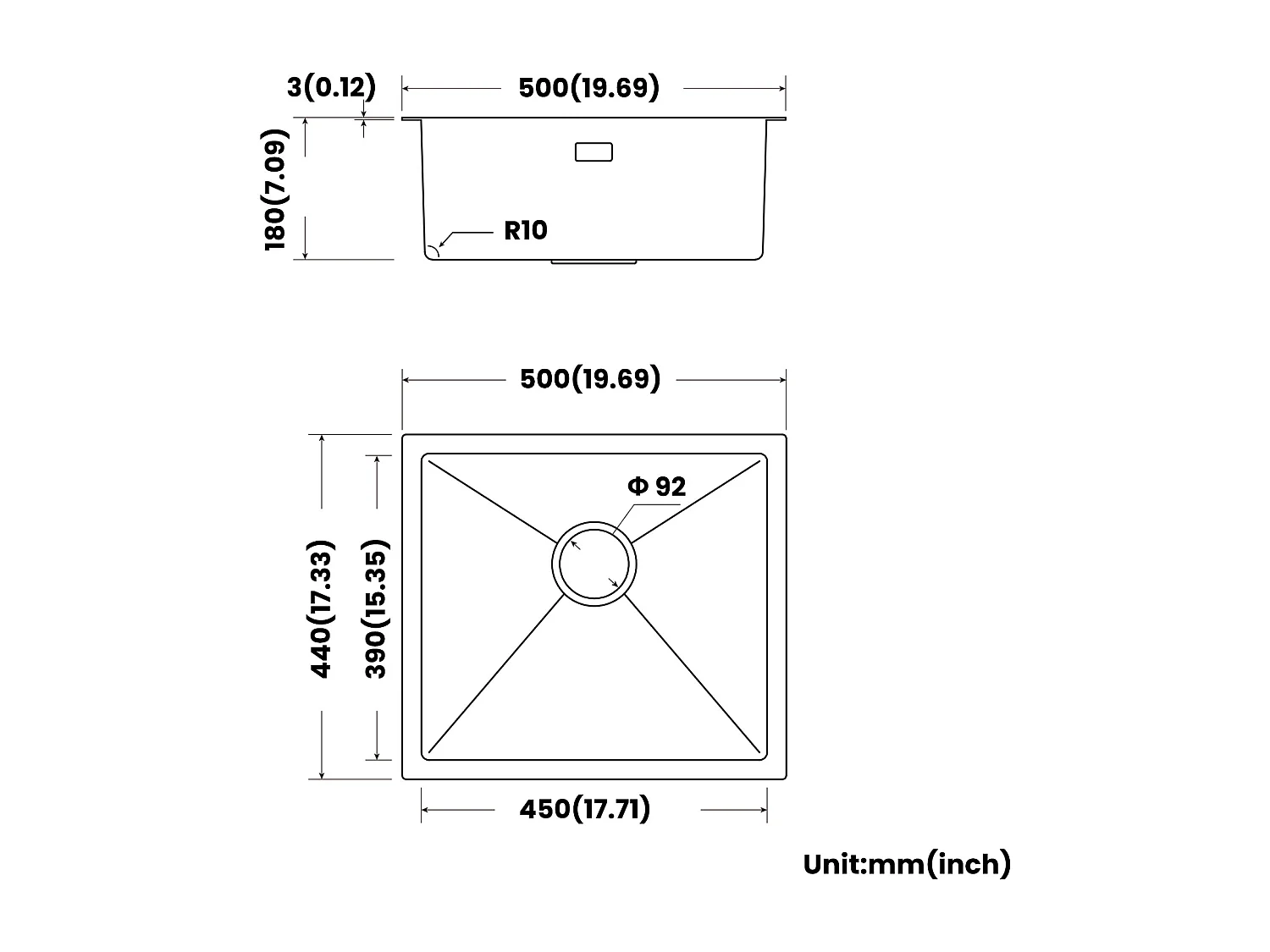 CECIPA MAX 1 wastafel 50*44cm geborsteld roestvrij staal keukenspoelbak + keukenmengkraan met uittrekbare spray, 2 waterafvoermodi, geborsteld