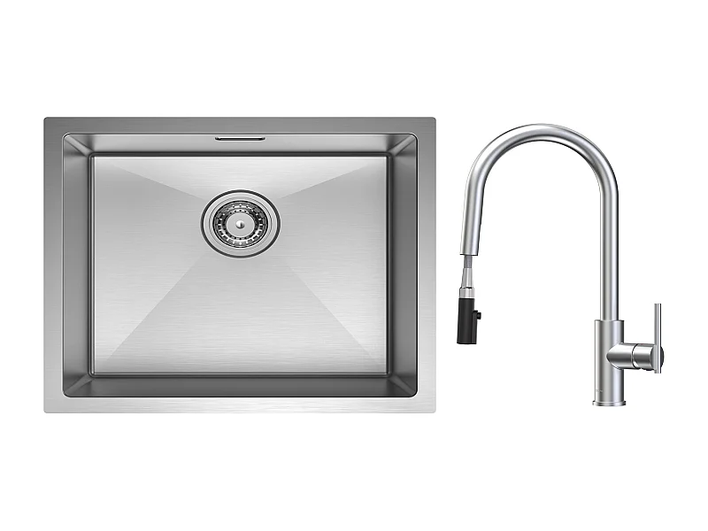 CECIPA MAX  Évier 1 Bac 50*44cm Évier de Cuisine en Inox Brossé + Mitigeur de Cuisine Avec Douchette Extractible, 2 Modes de Sortie D'eau, Brossé