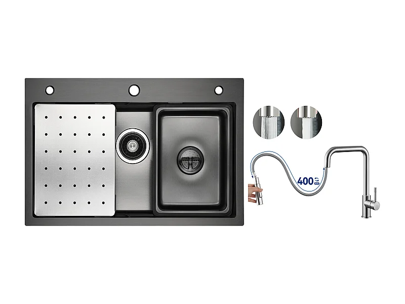 Évier de Cuisine 1 Cuve 70×45×21.5 cm + Egouttoir + Vasque + Distributeur de Savon + Mitigeur avec Douchette Extractible, Brossé