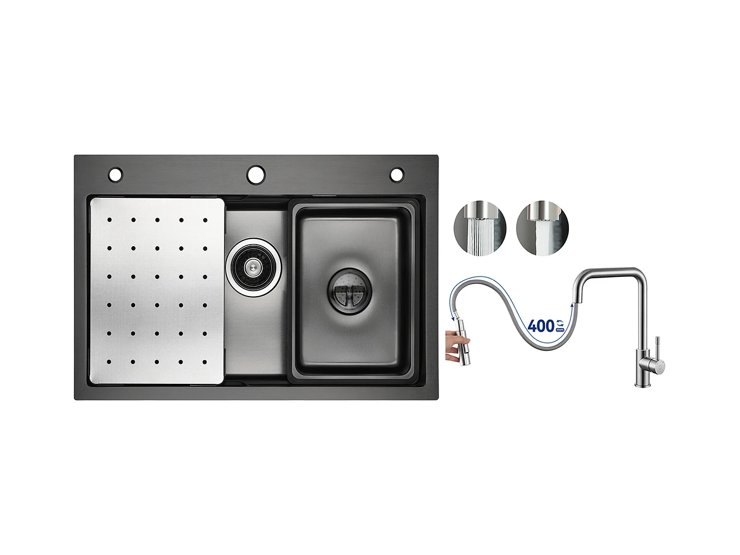 Lavello Cucina 1 Vasca 70×45×21,5 cm + Gocciolatoio + Vaschetta + Dosatore Sapone + Miscelatore con Doccia Estraibile, Spazzolato