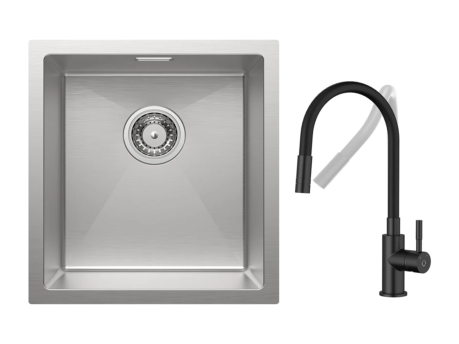 CECIPA MAX Évier Inox Encastré 40*44cm Évier de Cuisine 1 Bac Brossé + Flexible Mitigeur de Cuisine, 2 Types de Jets  Robinet Extractible Noir