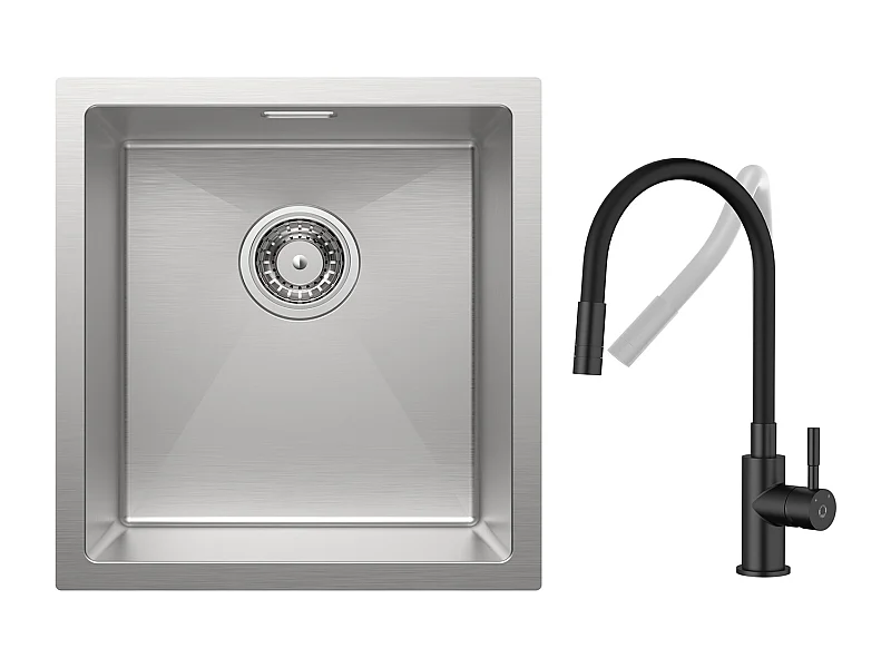 CECIPA MAX Évier Inox Encastré 40*44cm Évier de Cuisine 1 Bac Brossé + Flexible Mitigeur de Cuisine, 2 Types de Jets  Robinet Extractible Noir