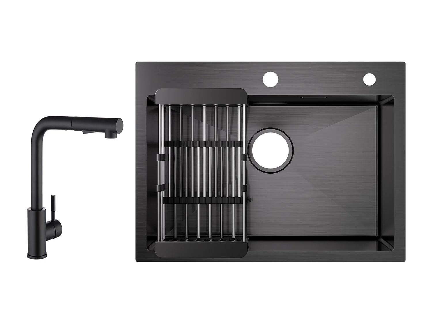 Cecipa max 1 Becken Edelstahlspüle mit Abtropfkorb - Schwarze Küchenspüle 60×45×18 cm + Mischbatterie mit ausziehbarer Brause 2 Strahlarten