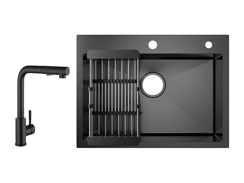 Cecipa max 1 Becken Edelstahlspüle mit Abtropfkorb - Schwarze Küchenspüle 60×45×18 cm + Mischbatterie mit ausziehbarer Brause 2 Strahlarten