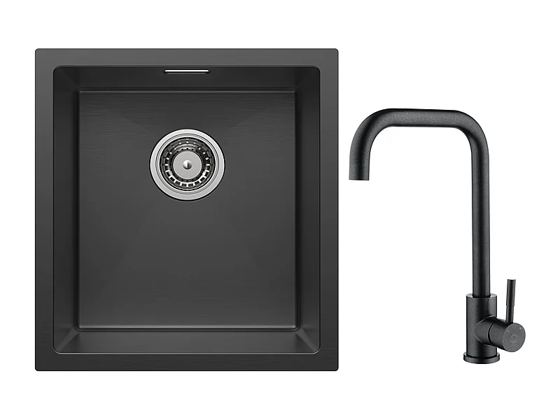 CECIPA MAX Évier Inox 40*44*19 cm Évier 1 Bac Évier de Cuisine Noir + Mitigeur de Cuisine en Inox Noir étoilé avec Bec Haut et Incurvé