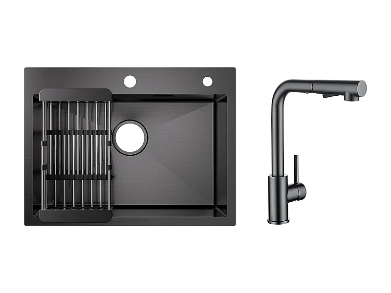 Fregadero de cocina de 1 seno, fregadero de acero inoxidable negro de 60×45×18CM con cesta de drenaje + grifo mezclador de cocina con ducha extraíble