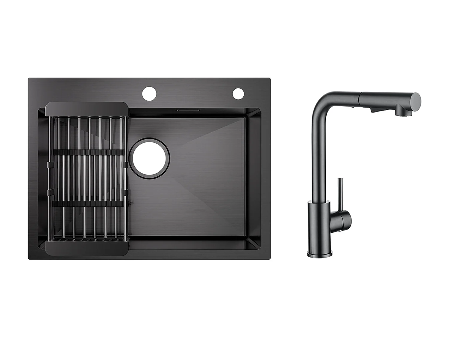 Fregadero de cocina de 1 seno, fregadero de acero inoxidable negro de 60×45×18CM con cesta de drenaje + grifo mezclador de cocina con ducha extraíble