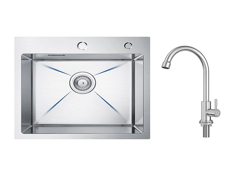 CECIPA MAX Fregadero de Cocina 1 Seno 50×45×18.5CM Fregadero de Acero Inoxidable Cepillado + Grifo de Cocina de Agua Fría, Cepillado