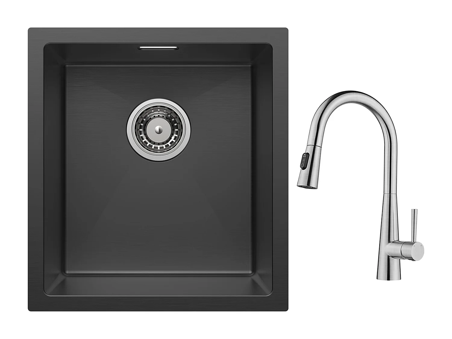 Cecipa max Évier 1 Bac en Acier Inoxydable Noir Évier Encastré 40*44cm + Mitigeur avec Douchette Extractible - Avec 3 Modes de Sortie D'eau - Brossé