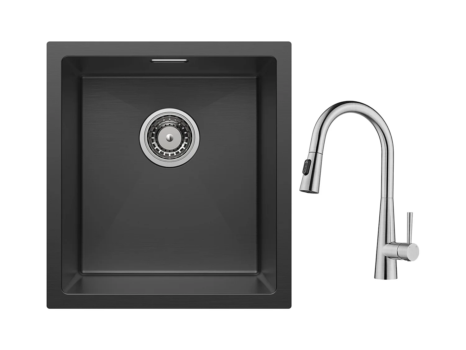 Cecipa max Einzelbecken, schwarzes Edelstahlspülbecken, 40 x 44 cm, Einbauspüle + Mischbatterie mit ausziehbarer Brause, mit 3 Wasserauslassmodi, gebürstet