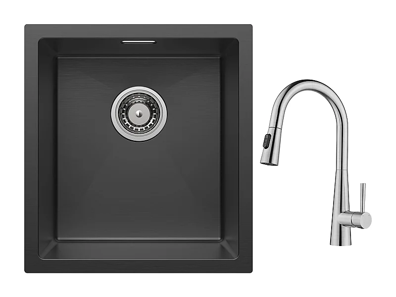 Fregadero Cecipa max de 1 seno de acero inoxidable negro encastrable 40*44 cm + grifo monomando con ducha extraíble - Con 3 modos de salida de agua - Cepillado