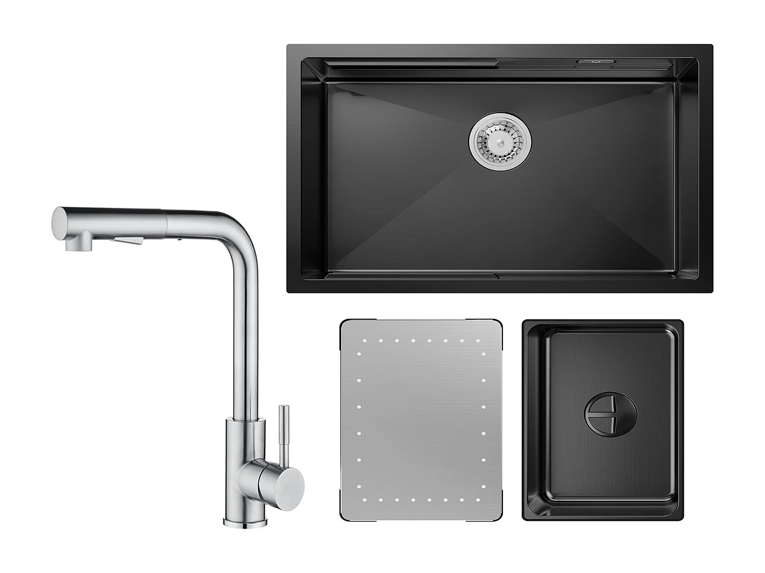 Lavello Cucina Cecipa max 1 Vasca 70×44×21CM Nero Lavello Incasso con Gocciolatoio e Vasca + Miscelatore Cucina Spazzolato con Doccetta Estraibile