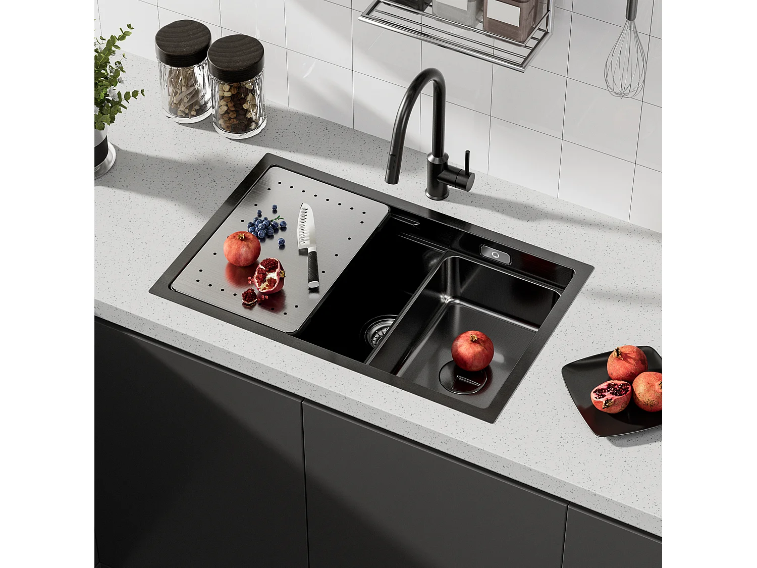 Lavello Cucina Cecipa max 1 Vasca 70×44×21CM Nero Lavello Incasso con Gocciolatoio e Vasca + Miscelatore Cucina Spazzolato con Doccetta Estraibile