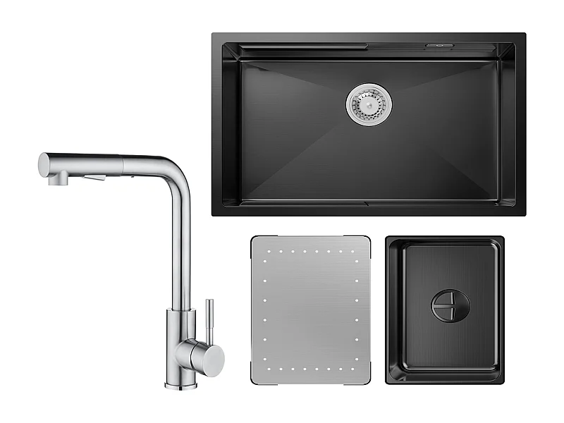 Cecipa max Évier Cuisine 1 Bac 70×44×21CM Évier à Encastrer Noir avec Egouttoir et Vasque + Mitigeur Cuisine Brossé avec Douchette Extractible