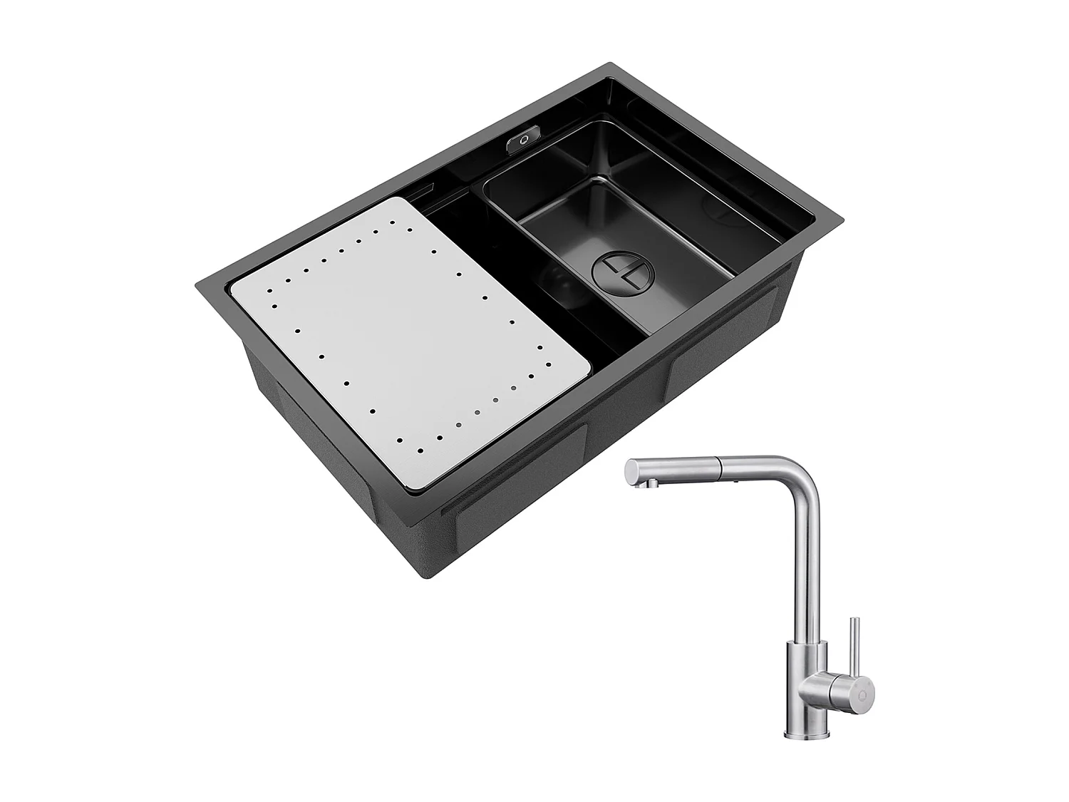 CECIPA MAX Évier 1 Bac 70×44CM Évier à Encastrer Noir avec Egouttoir et Vasque + Mitigeur de Cuisine Avec Douchette Extractible, Brossé