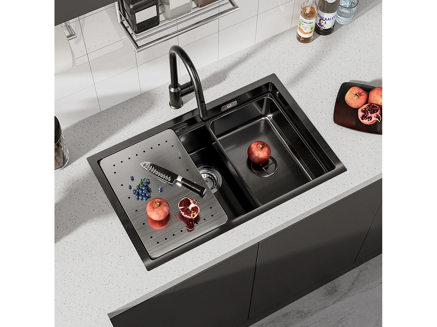 CECIPA MAX Évier 1 Bac 70×44CM Évier à Encastrer Noir avec Egouttoir et Vasque + Mitigeur de Cuisine Avec Douchette Extractible, Brossé