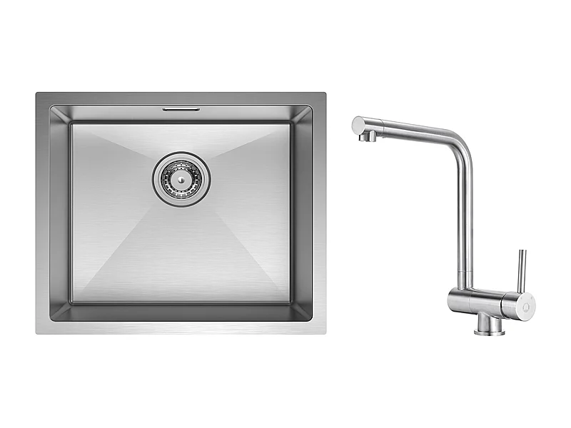 CECIPA MAX Fregadero de Cocina Fregadero de Acero Inoxidable Cepillado de 1 Seno 50 * 44 CM + Mezclador de Cocina Plegable Cepillado