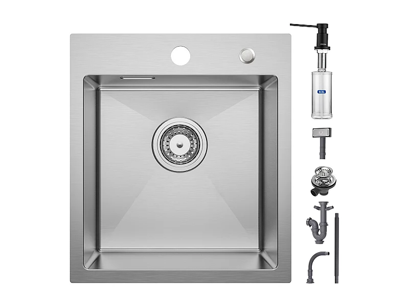 Cecipa max Küchenspüle 1 Becken 40 × 45 cm Spüle aus gebürstetem Edelstahl 1 Becken + schwarzer Küchenseifenspender