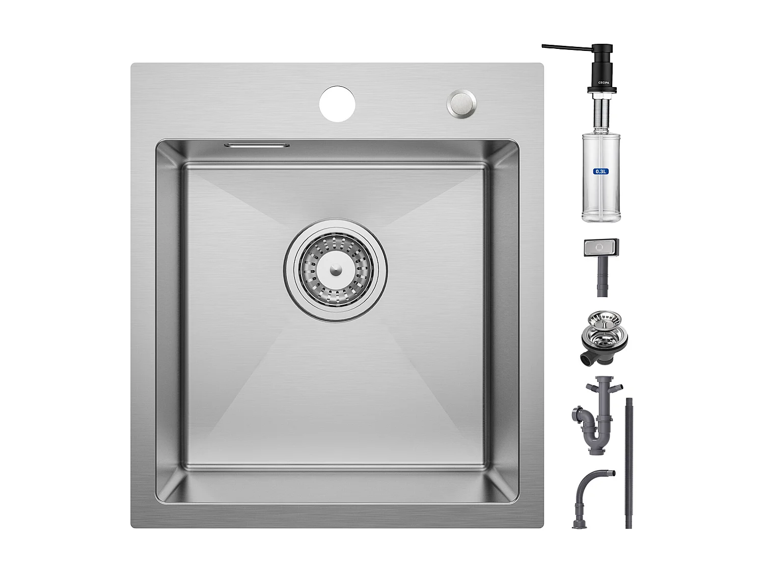 Cecipa max Lavello Cucina 1 Vasca 40×45 cm Lavello Acciaio Inox Spazzolato 1 Vasca + Dispenser Sapone da Cucina Nero