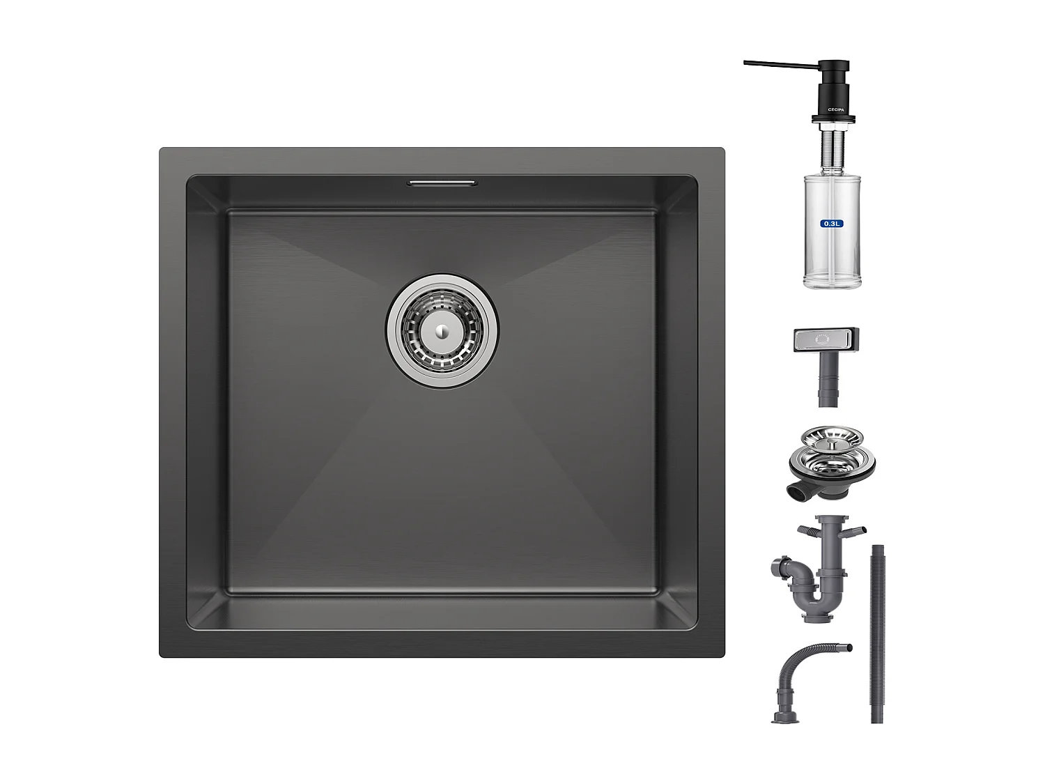 Cecipa max Évier Inox Encastré Avec Distributeur de Savon - Évier de Cuisine 1 Bac - Évier de Cuisine Noir Avec Vidange -50*44*18 cm