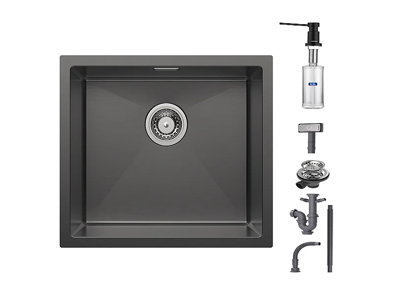 Cecipa max Évier Inox Encastré Avec Distributeur de Savon - Évier de Cuisine 1 Bac - Évier de Cuisine Noir Avec Vidange -50*44*18 cm