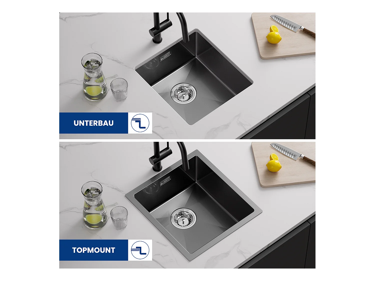 Cecipa max onderbouw roestvrijstalen spoelbak 40*44*19 cm - keukenspoelbak 1 zwarte kom + geborstelde keukenzeepdispenser met 300ML-container