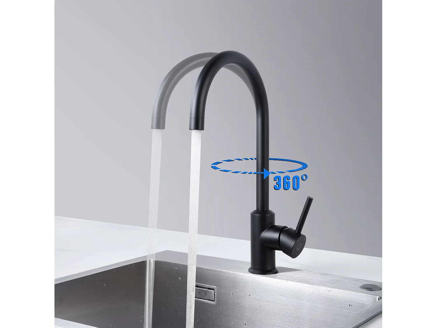 Fregadero de cocina de 1 seno, fregadero de acero inoxidable cepillado de 60×45×18CM con cesta de drenaje + grifo mezclador de cocina de acero inoxidable negro