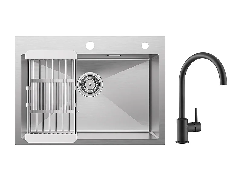 Fregadero de cocina de 1 seno, fregadero de acero inoxidable cepillado de 60×45×18CM con cesta de drenaje + grifo mezclador de cocina de acero inoxidable negro