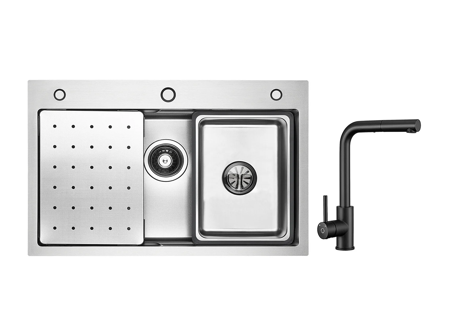Cecipa max Évier Cuisine 1 Bac 70×45cm + Egouttoir +Vasque +Distributeur de Savon + Noir Mitigeur Cuisine Avec Extractible Douchette, Pivotant à 360°
