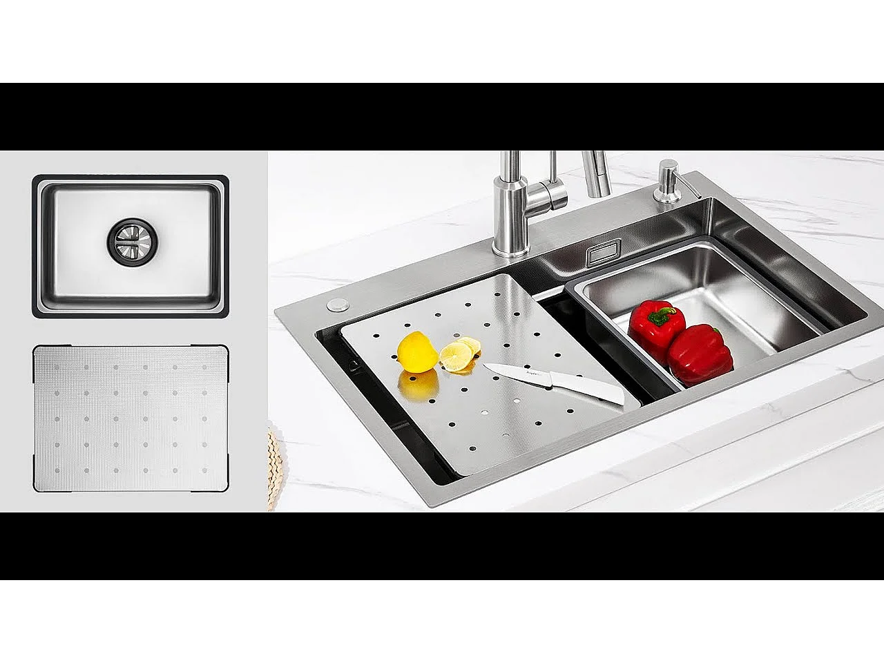 Cecipa max Évier Cuisine 1 Bac 70×45cm + Egouttoir +Vasque +Distributeur de Savon + Noir Mitigeur Cuisine Avec Extractible Douchette, Pivotant à 360°