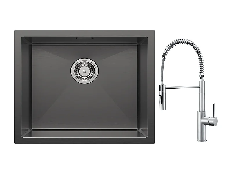 Cecipa max Einzelspüle 50*44cm Edelstahl Küchenspüle Anthrazit Schwarz Einbauspüle + Gebürstete Feder Küchenarmatur mit Ausziehbarer Brause