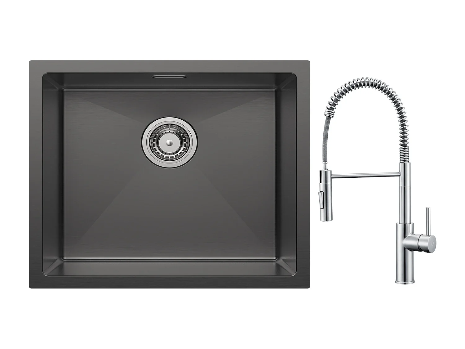 Cecipa max Évier 1 Bac 50*44cm Évier de Cuisine en Inox Évier Encastré Noir Anthracite + Mitigeur Cuisine à Ressort Brossé avec Douchette Extractible