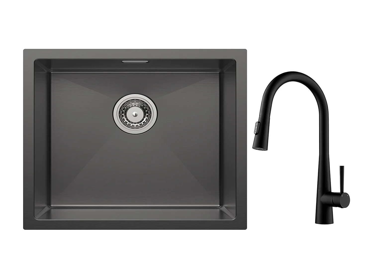 Cecipa max Évier 1 Bac 50*44cm Évier de Cuisine en Inox Noir Anthracite + Mitigeur de Cuisine avec Douchette Extractible Avec 3 Modes de Sortie D'eau