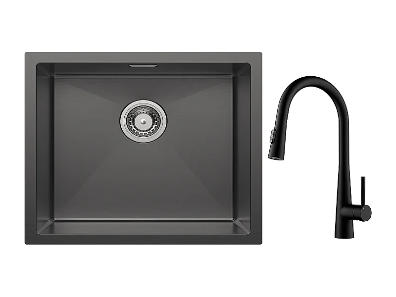 Cecipa max Évier 1 Bac 50*44cm Évier de Cuisine en Inox Noir Anthracite + Mitigeur de Cuisine avec Douchette Extractible Avec 3 Modes de Sortie D'eau