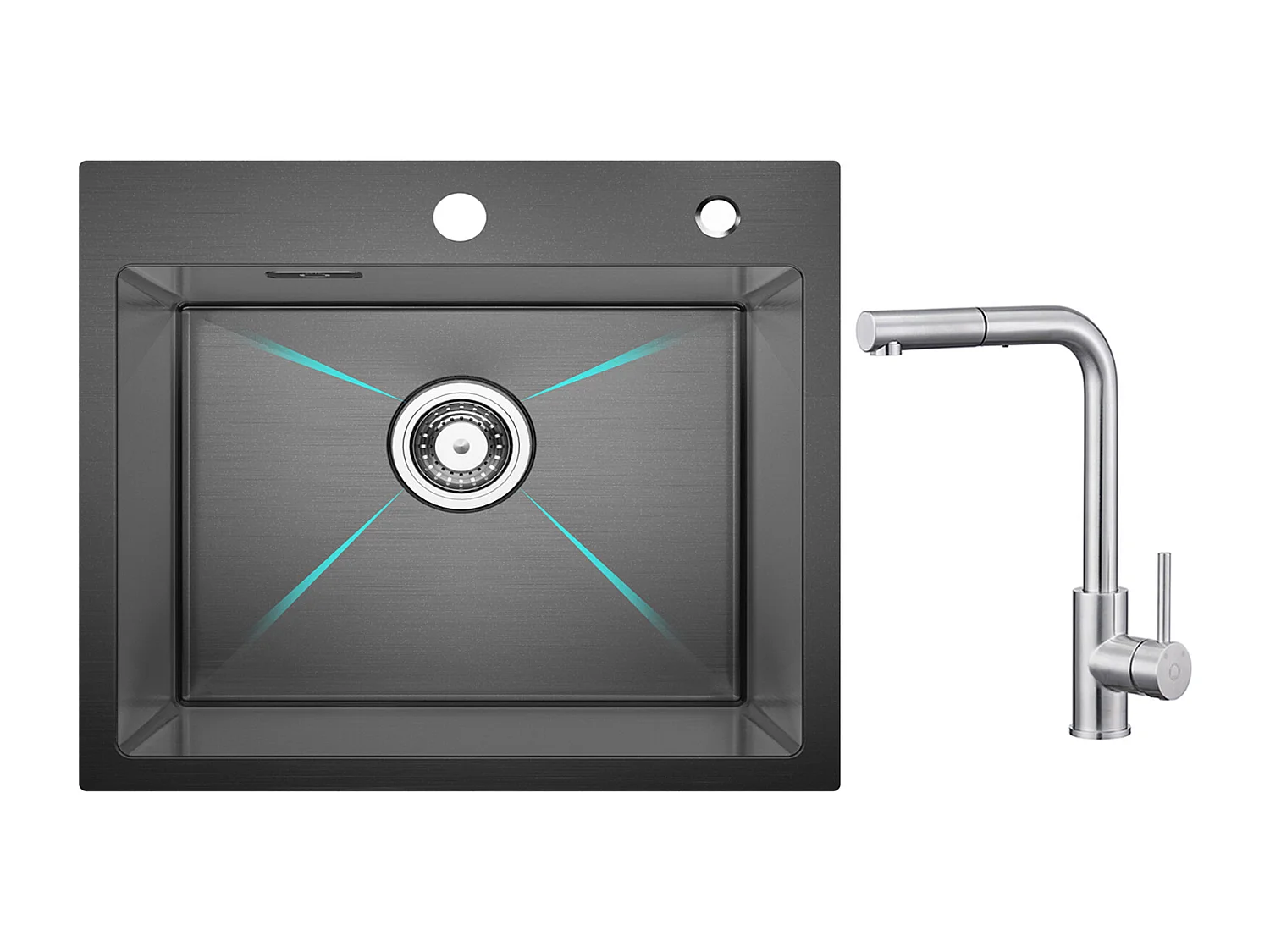 CECIPA MAX Évier Inox Évier 1 Bac 50×45 cm Évier de Cuisine en Nanomètres Noir + Mitigeur de Cuisine Avec Douchette Extractible, Brossé