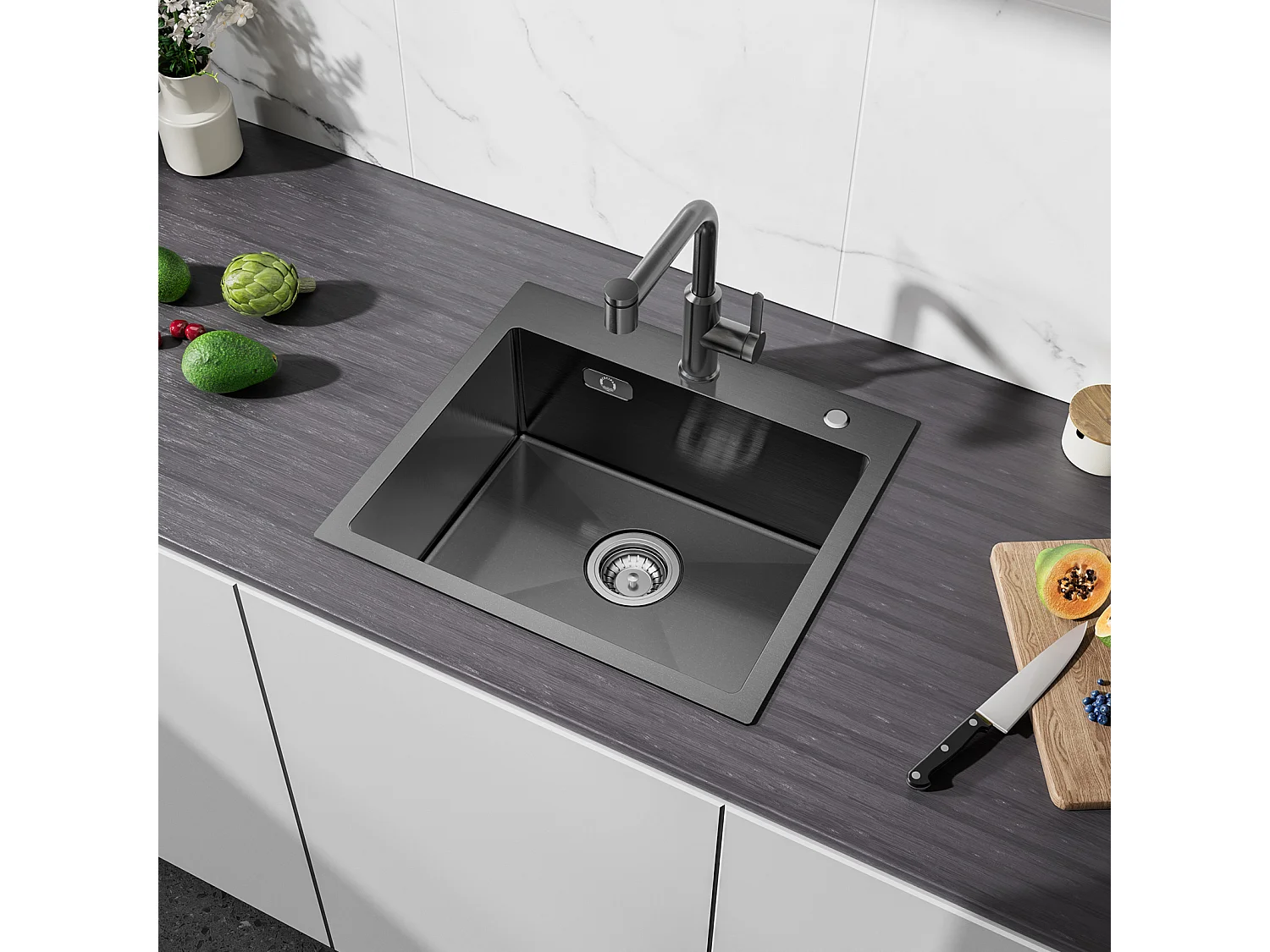 CECIPA MAX Évier Inox Évier 1 Bac 50×45 cm Évier de Cuisine en Nanomètres Noir + Mitigeur de Cuisine Avec Douchette Extractible, Brossé