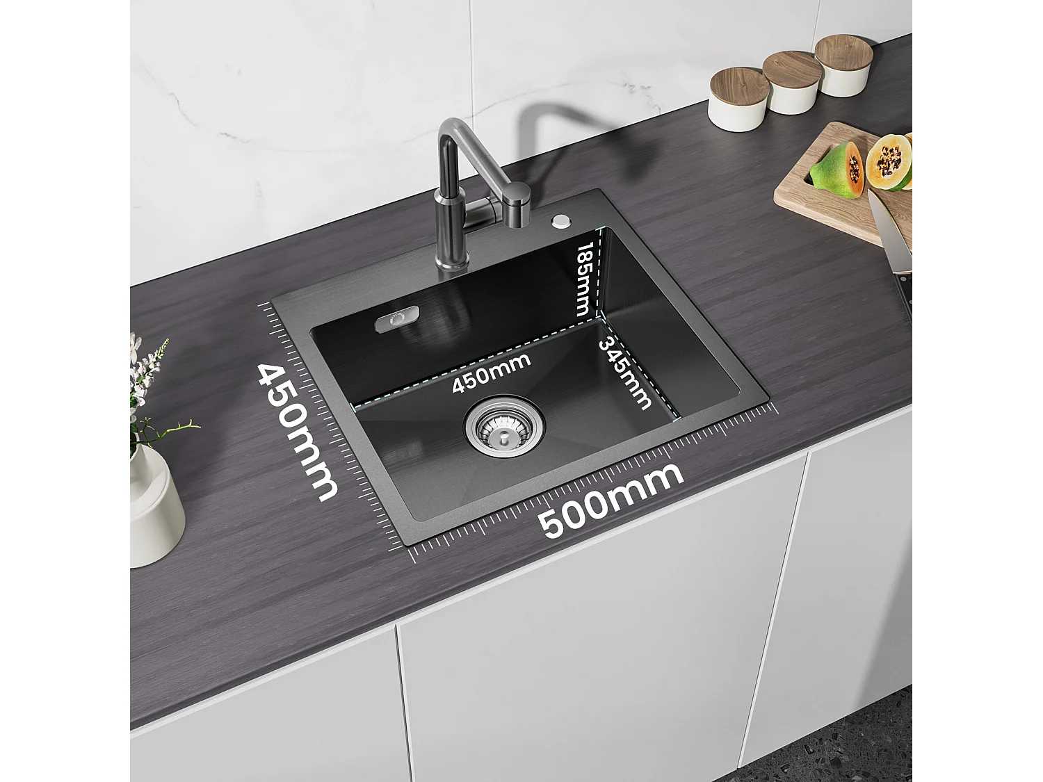CECIPA MAX Évier Inox Évier 1 Bac 50×45 cm Évier de Cuisine en Nanomètres Noir + Mitigeur de Cuisine Avec Douchette Extractible, Brossé