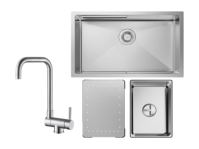 Cecipa max Einzelspüle 70×44×21CM Edelstahlspüle gebürstet mit Abtropffläche und Becken + klappbarer Küchenarmatur Klappbare Mischbatterie vor dem Fenster Gebürstet