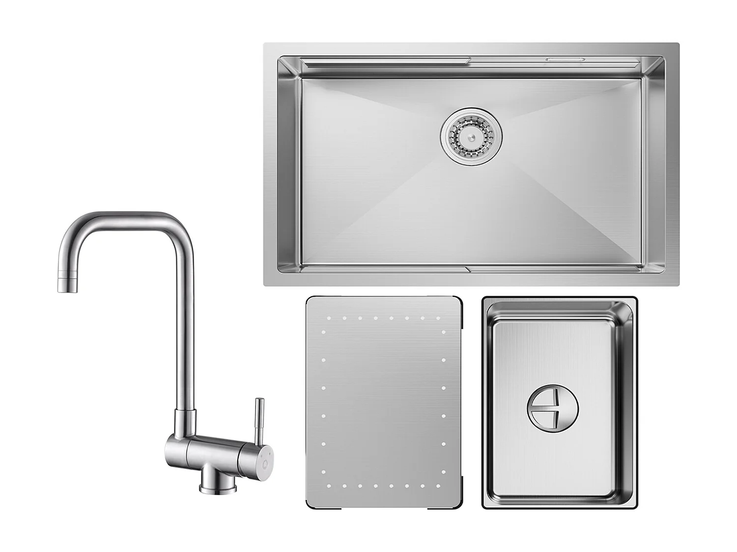 Cecipa max Évier 1 Bac 70×44×21CM Évier Inox Brossé avec Egouttoir et Vasque + Robinet Cuisine Rabattable Mitigeur Repliable devant Fenêtre Brossé