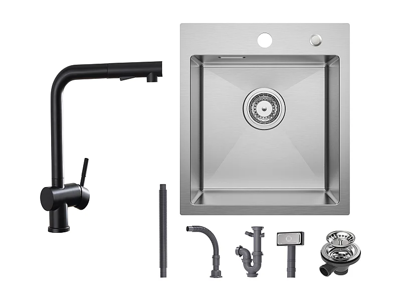 Cecipa max Évier Cuisine 1 Bac 40 × 45 cm Évier Inox Brossé 1 Cuve + Robinets avec Douchette Extractible, Mitigeur d'évier 2 Modes de Pulvérisat