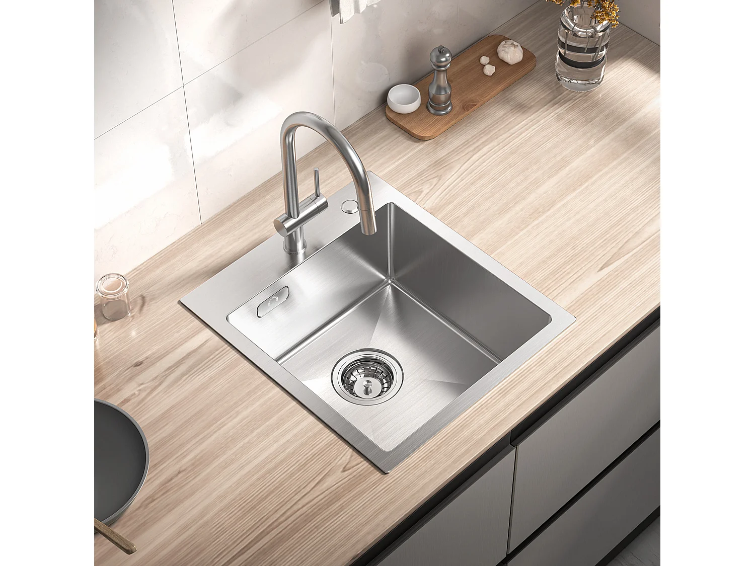 Cecipa max Évier Cuisine 1 Bac 40 × 45 cm Évier Inox Brossé 1 Cuve + Robinets avec Douchette Extractible, Mitigeur d'évier 2 Modes de Pulvérisat